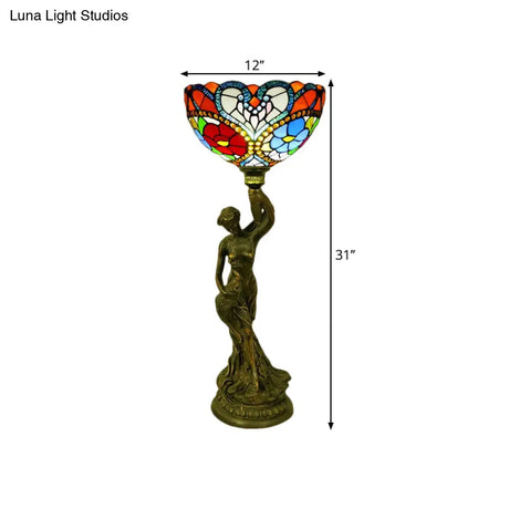 Bowl Table Night Lamp In Brass With Stained Glass Baroque Petal/Dragonfly Pattern & Resin Naked