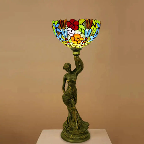 Bowl Table Night Lamp In Brass With Stained Glass Baroque Petal/Dragonfly Pattern & Resin Naked