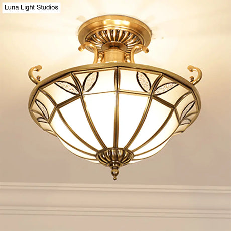Brass 3-Head Colonial Semi Flush Light With Sandblasted Glass Dome - Porch Ceiling Fixture