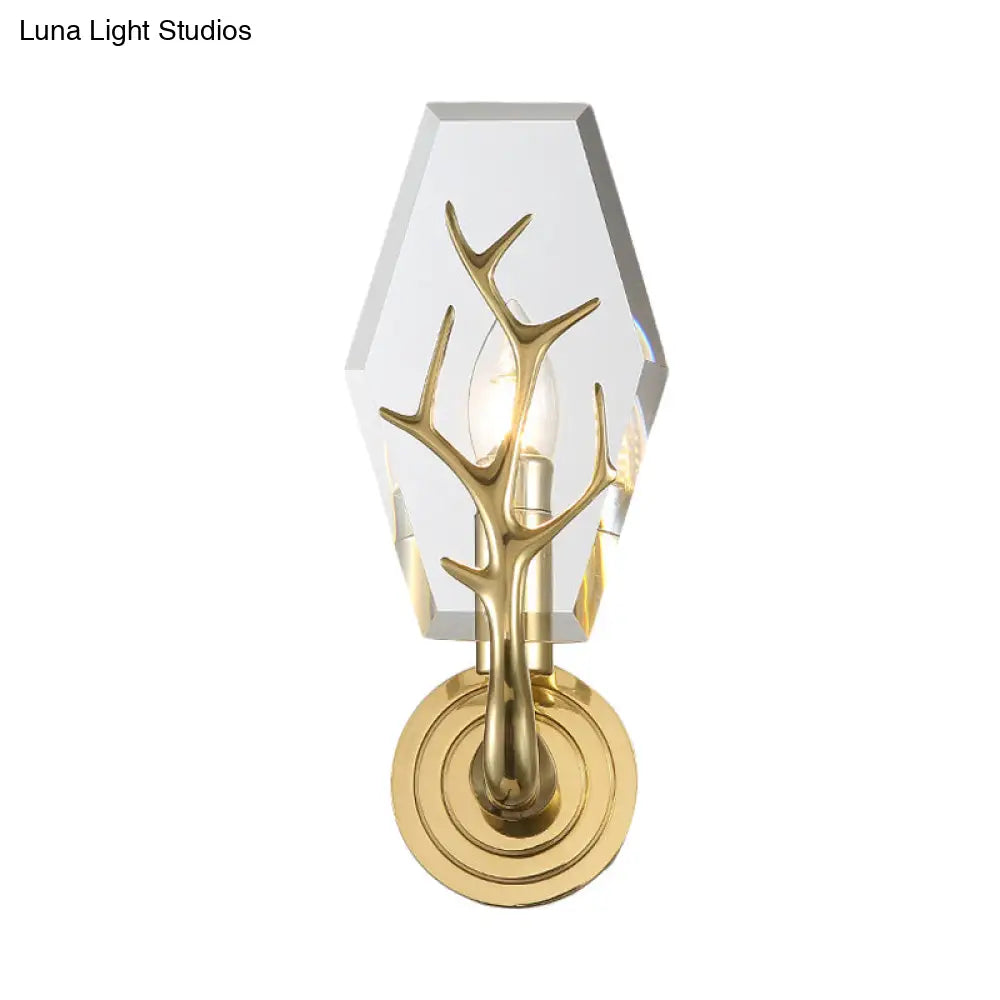 Brass Antler Arm Wall Sconce With Crystal Panel Modern Design & 1-Bulb Mount Lighting