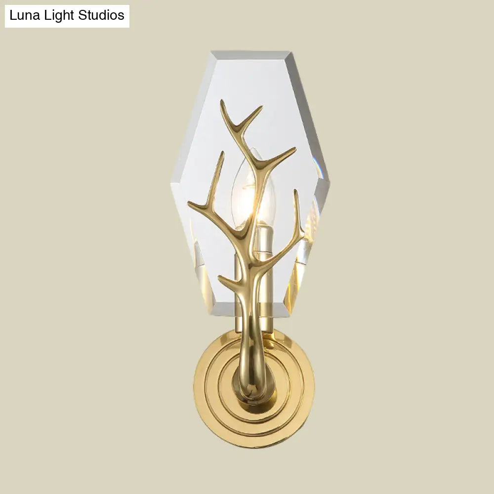Brass Antler Arm Wall Sconce With Crystal Panel Modern Design & 1-Bulb Mount Lighting