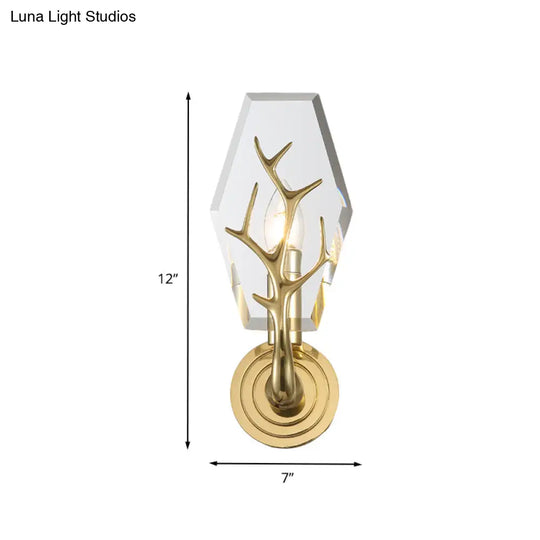 Brass Antler Arm Wall Sconce With Crystal Panel Modern Design & 1-Bulb Mount Lighting