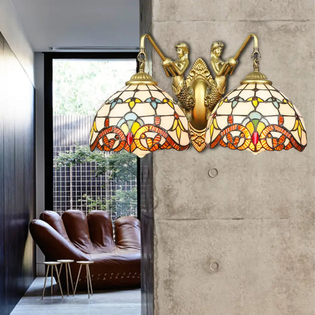 Brass Baroque Wall Sconce Light With 2 Beige Glass Heads And Mermaid Design