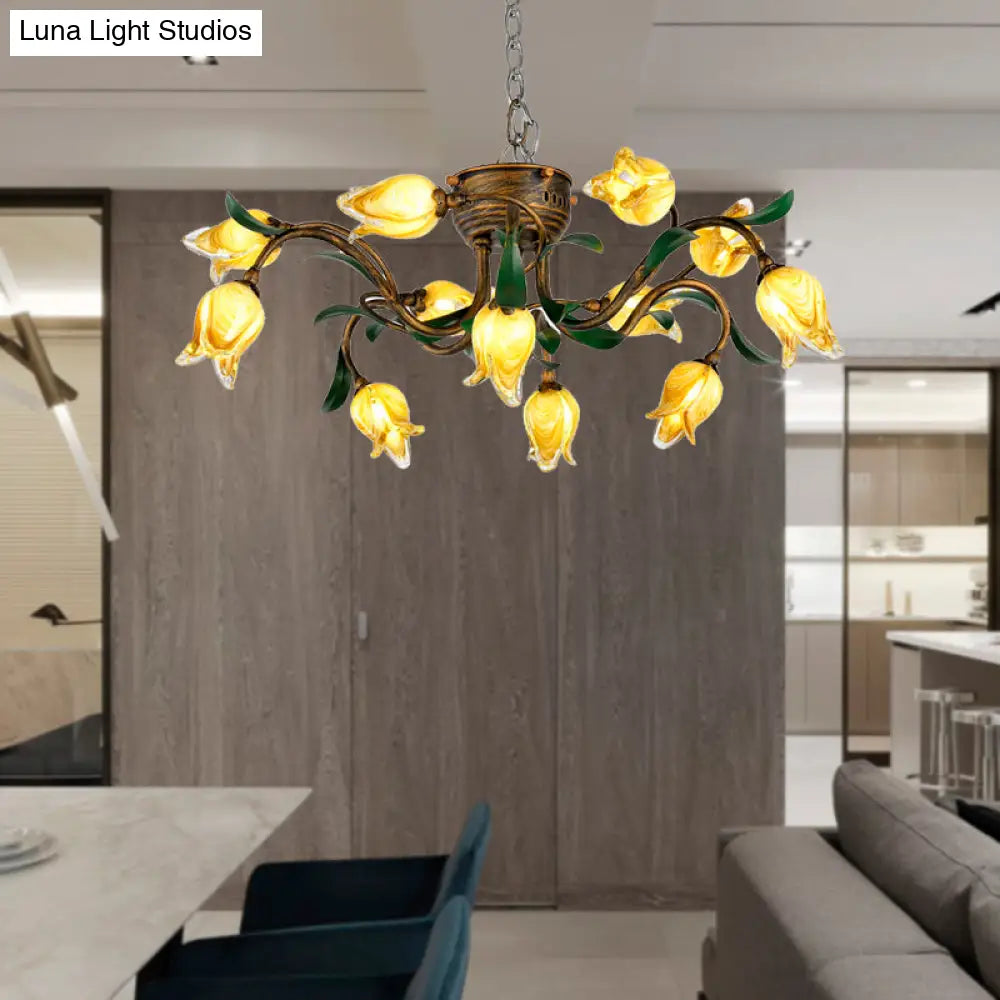 Brass Chandelier Light Fixture - 12-Bulb Korean Garden Led Drop Pendant For Dining Room