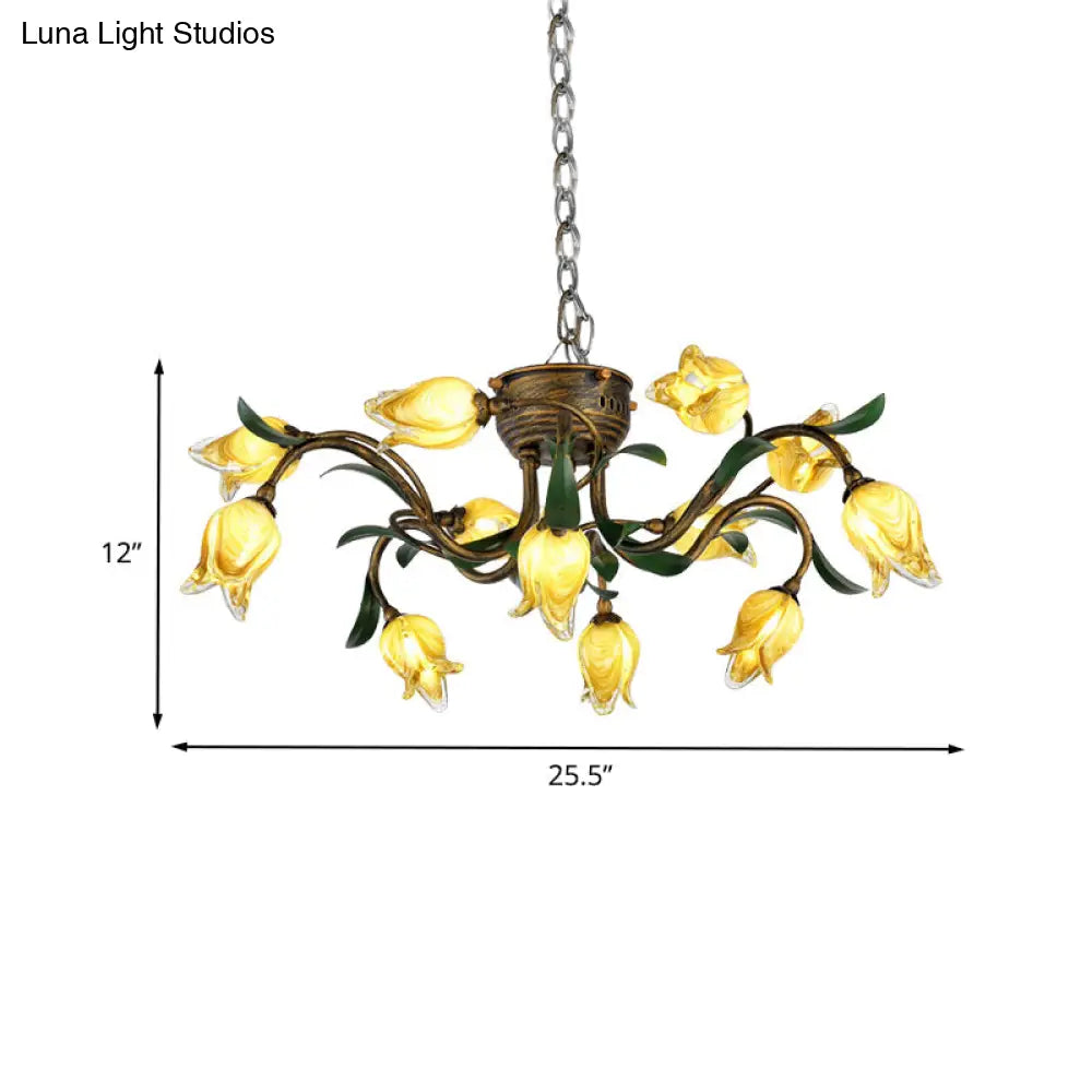 Brass Chandelier Light Fixture - 12-Bulb Korean Garden Led Drop Pendant For Dining Room