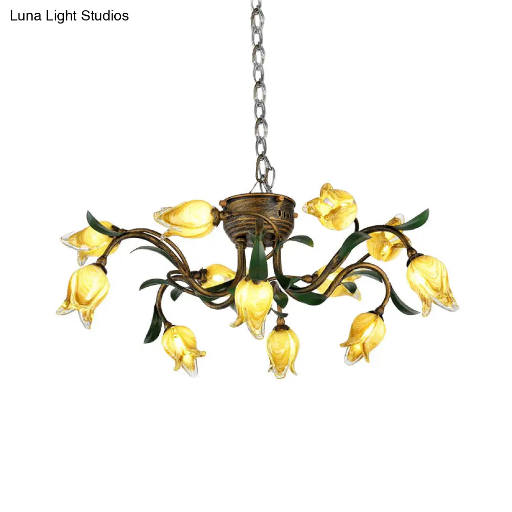 Brass Chandelier Light Fixture - 12-Bulb Korean Garden Led Drop Pendant For Dining Room