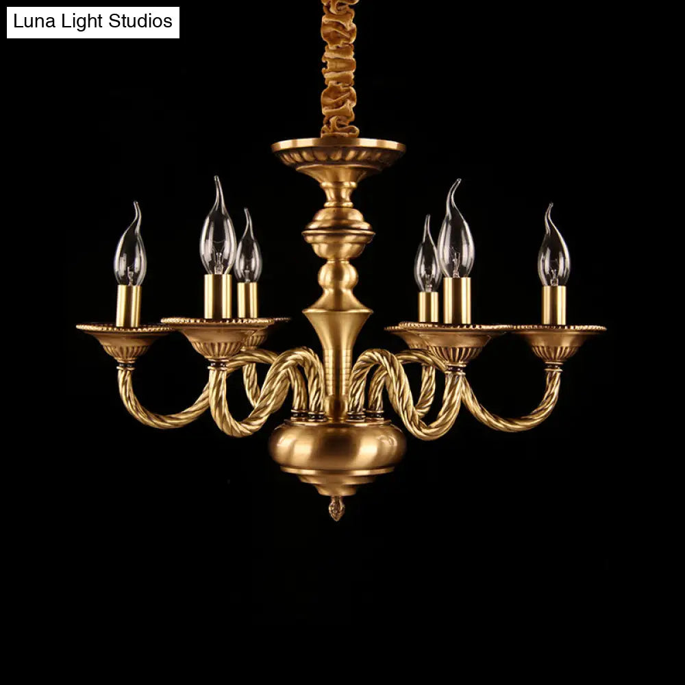 Brass Colonial Candle Chandelier Pendant Light With Curved Hemp Rope Arm - 3/5/6 Lights