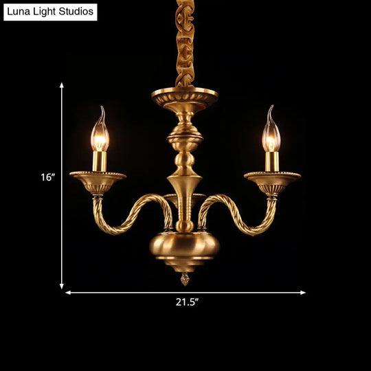 Brass Colonial Candle Chandelier Pendant Light With Curved Hemp Rope Arm - 3/5/6 Lights