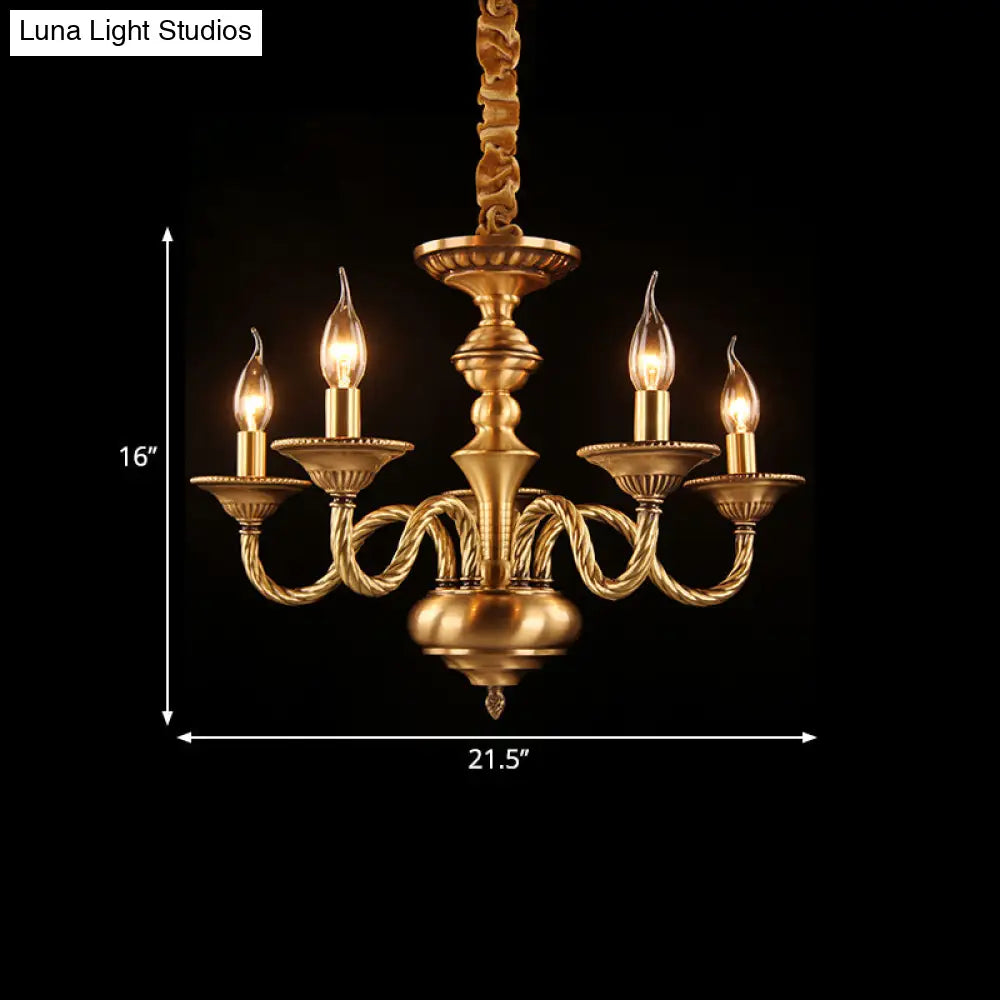 Brass Colonial Candle Chandelier Pendant Light With Curved Hemp Rope Arm - 3/5/6 Lights