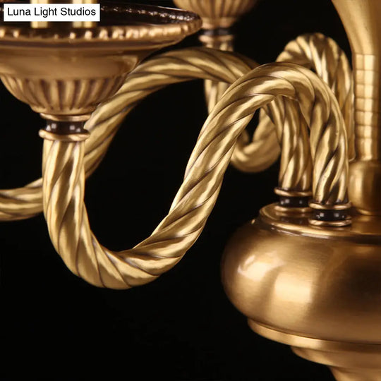 Brass Colonial Candle Chandelier Pendant Light With Curved Hemp Rope Arm - 3/5/6 Lights