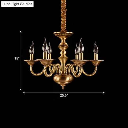Brass Colonial Candle Chandelier Pendant Light With Curved Hemp Rope Arm - 3/5/6 Lights