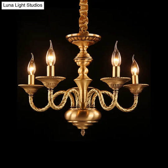 Brass Colonial Candle Chandelier Pendant Light With Curved Hemp Rope Arm - 3/5/6 Lights