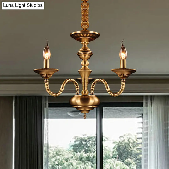 Brass Colonial Candle Chandelier Pendant Light With Curved Hemp Rope Arm - 3/5/6 Lights