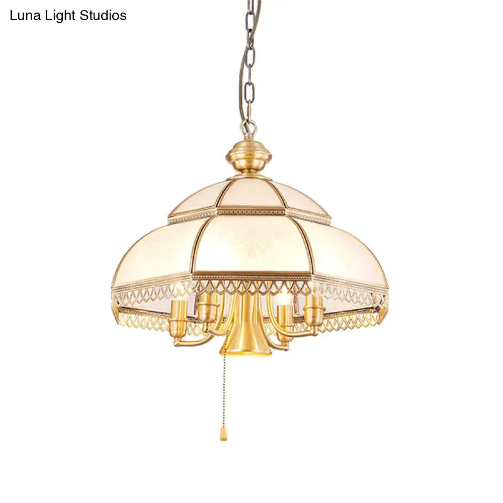 Brass Colonial Chandelier Lamp With Milk Glass Dome - 5 Heads Pendant Light For Bedroom