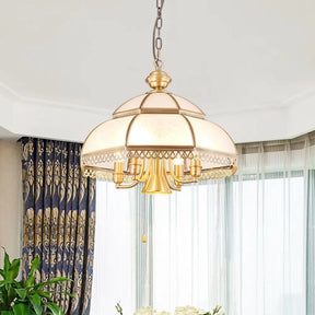 Brass Colonial Chandelier Lamp With Milk Glass Dome - 5 Heads Pendant Light For Bedroom