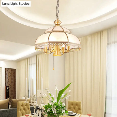 Brass Colonial Chandelier Lamp With Milk Glass Dome - 5 Heads Pendant Light For Bedroom