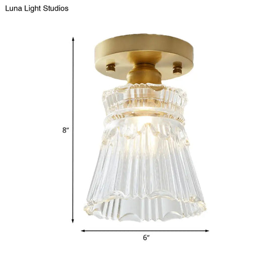 Brass Cone Ceiling Light: Industrial Semi Flush Mount With Clear Textured Glass For Living Room