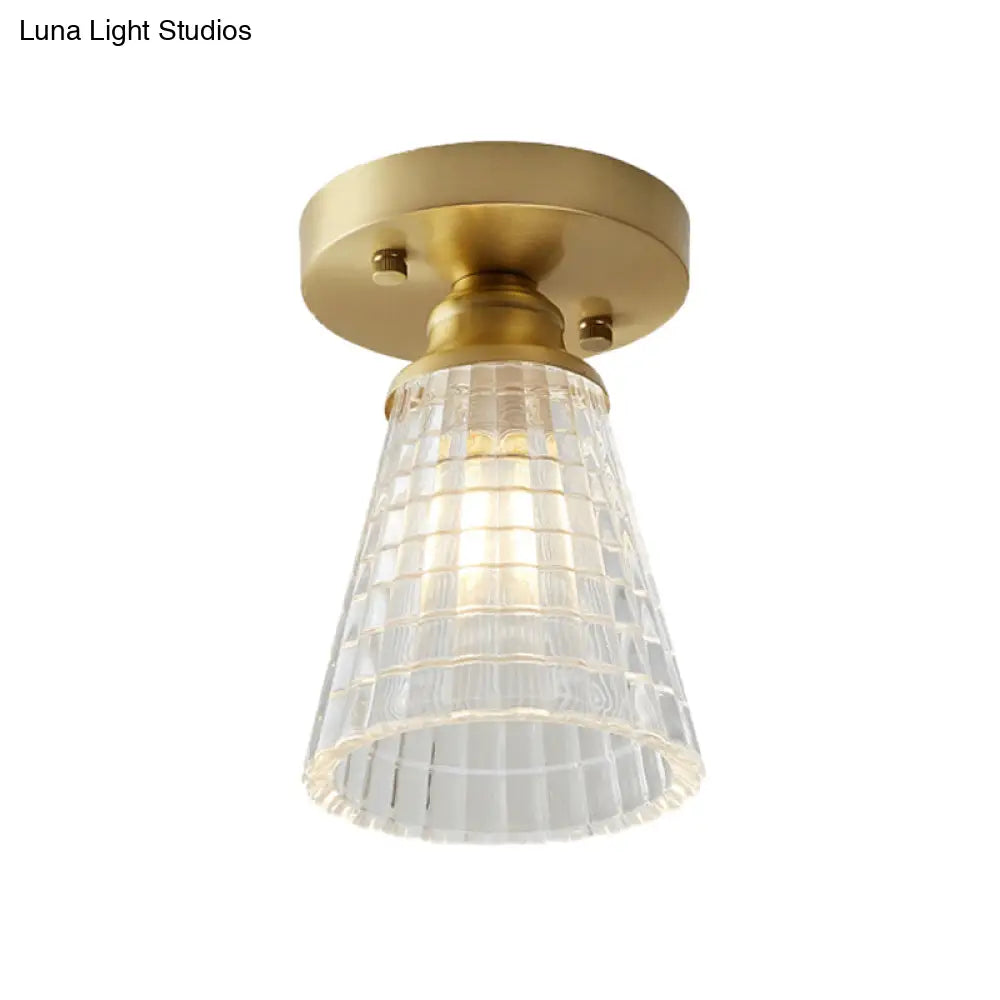 Brass Cone Ceiling Light: Industrial Semi Flush Mount With Clear Textured Glass For Living Room