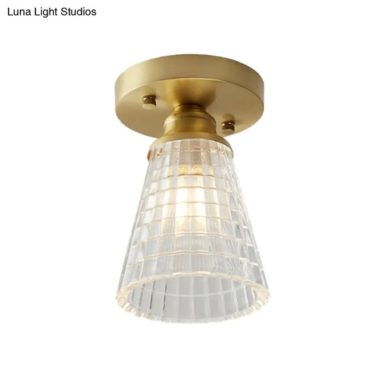 Brass Cone Ceiling Light: Industrial Semi Flush Mount With Clear Textured Glass For Living Room