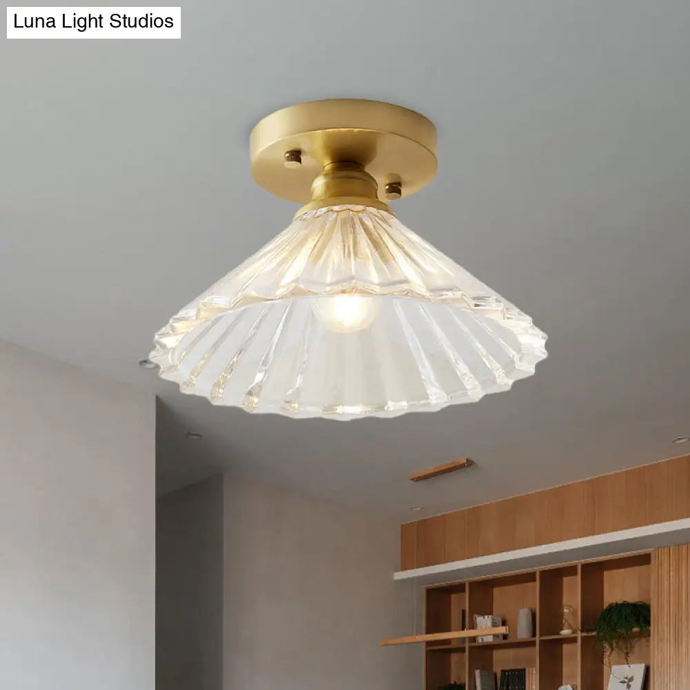 Brass Cone Ceiling Light: Industrial Semi Flush Mount With Clear Textured Glass For Living Room