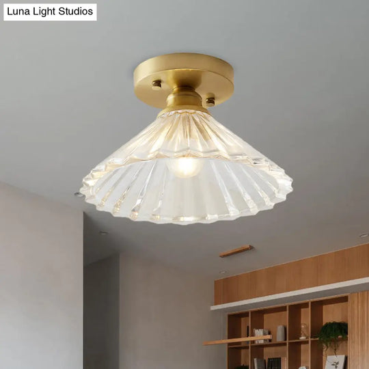 Brass Cone Ceiling Light: Industrial Semi Flush Mount With Clear Textured Glass For Living Room