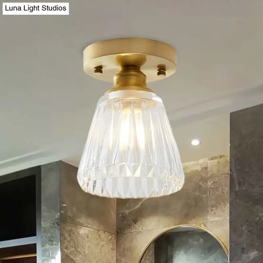 Brass Cone Ceiling Light: Industrial Semi Flush Mount With Clear Textured Glass For Living Room