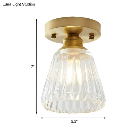 Brass Cone Ceiling Light: Industrial Semi Flush Mount With Clear Textured Glass For Living Room