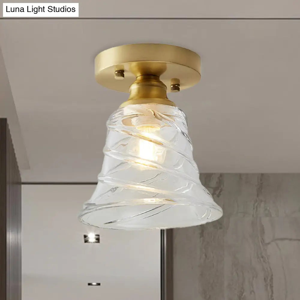 Brass Cone Ceiling Light: Industrial Semi Flush Mount With Clear Textured Glass For Living Room