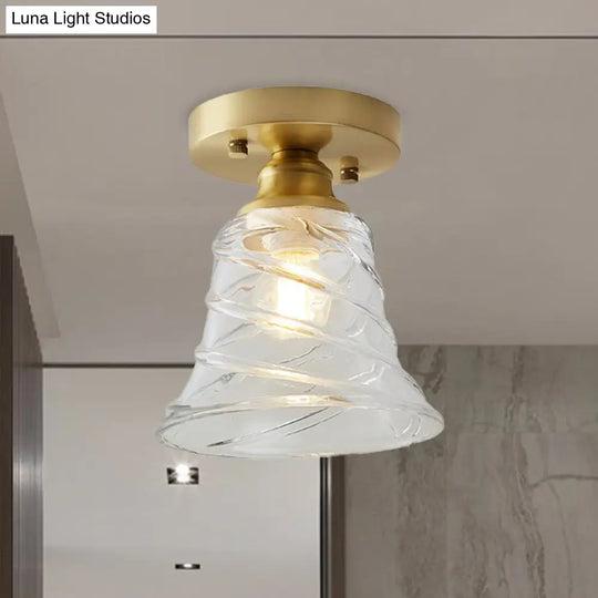 Brass Cone Ceiling Light: Industrial Semi Flush Mount With Clear Textured Glass For Living Room