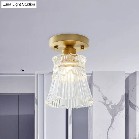 Brass Cone Ceiling Light: Industrial Semi Flush Mount With Clear Textured Glass For Living Room