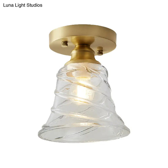 Brass Cone Ceiling Light: Industrial Semi Flush Mount With Clear Textured Glass For Living Room
