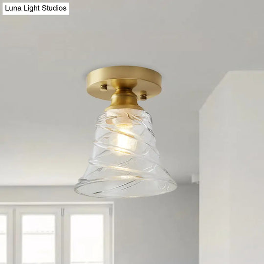 Brass Cone Ceiling Light: Industrial Semi Flush Mount With Clear Textured Glass For Living Room