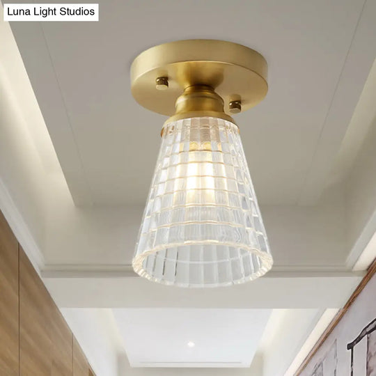 Brass Cone Ceiling Light: Industrial Semi Flush Mount With Clear Textured Glass For Living Room