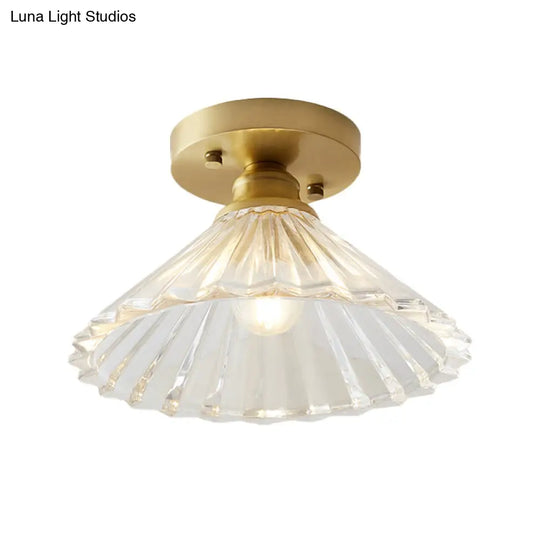 Brass Cone Ceiling Light: Industrial Semi Flush Mount With Clear Textured Glass For Living Room