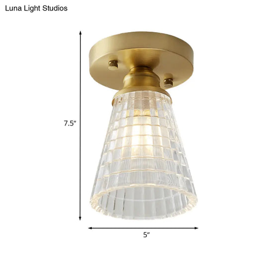 Brass Cone Ceiling Light: Industrial Semi Flush Mount With Clear Textured Glass For Living Room