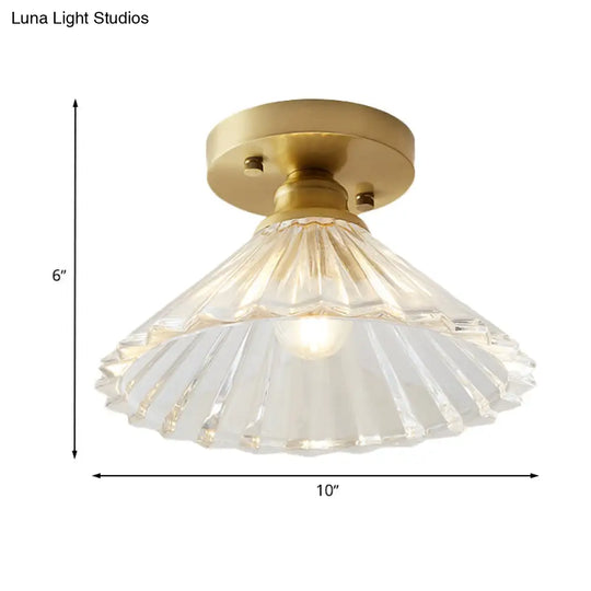 Brass Cone Ceiling Light: Industrial Semi Flush Mount With Clear Textured Glass For Living Room