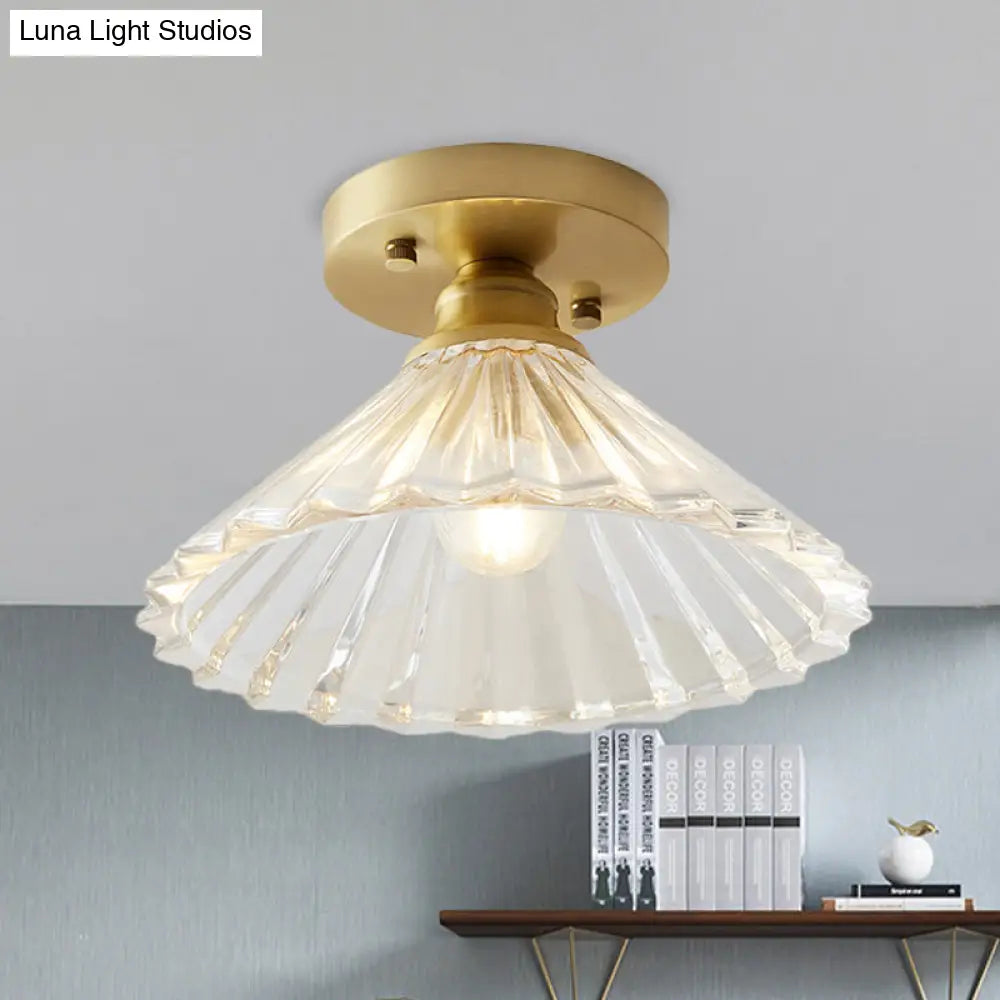 Brass Cone Ceiling Light: Industrial Semi Flush Mount With Clear Textured Glass For Living Room