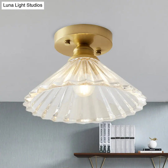 Brass Cone Ceiling Light: Industrial Semi Flush Mount With Clear Textured Glass For Living Room