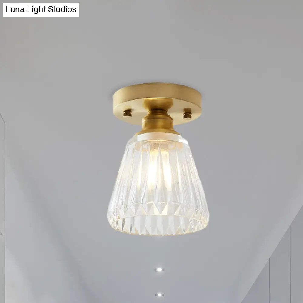 Brass Cone Ceiling Light: Industrial Semi Flush Mount With Clear Textured Glass For Living Room