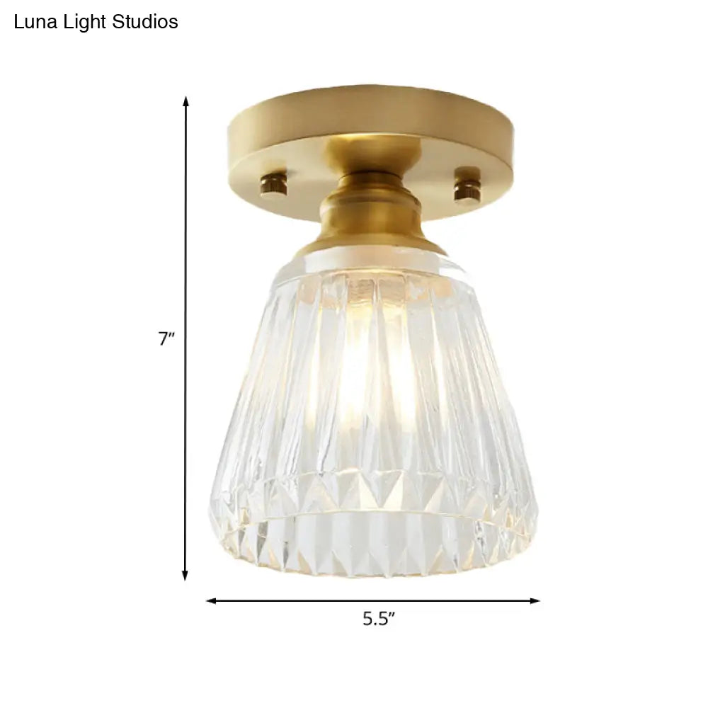 Brass Cone Ceiling Light: Industrial Semi Flush Mount With Clear Textured Glass For Living Room