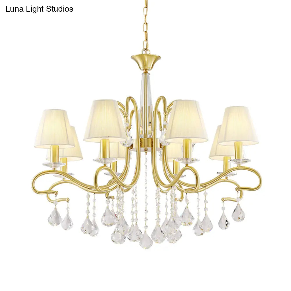Brass Crystal Ceiling Chandelier - Country Style Swirl Arm Pendant Light With Cone Fabric Shade