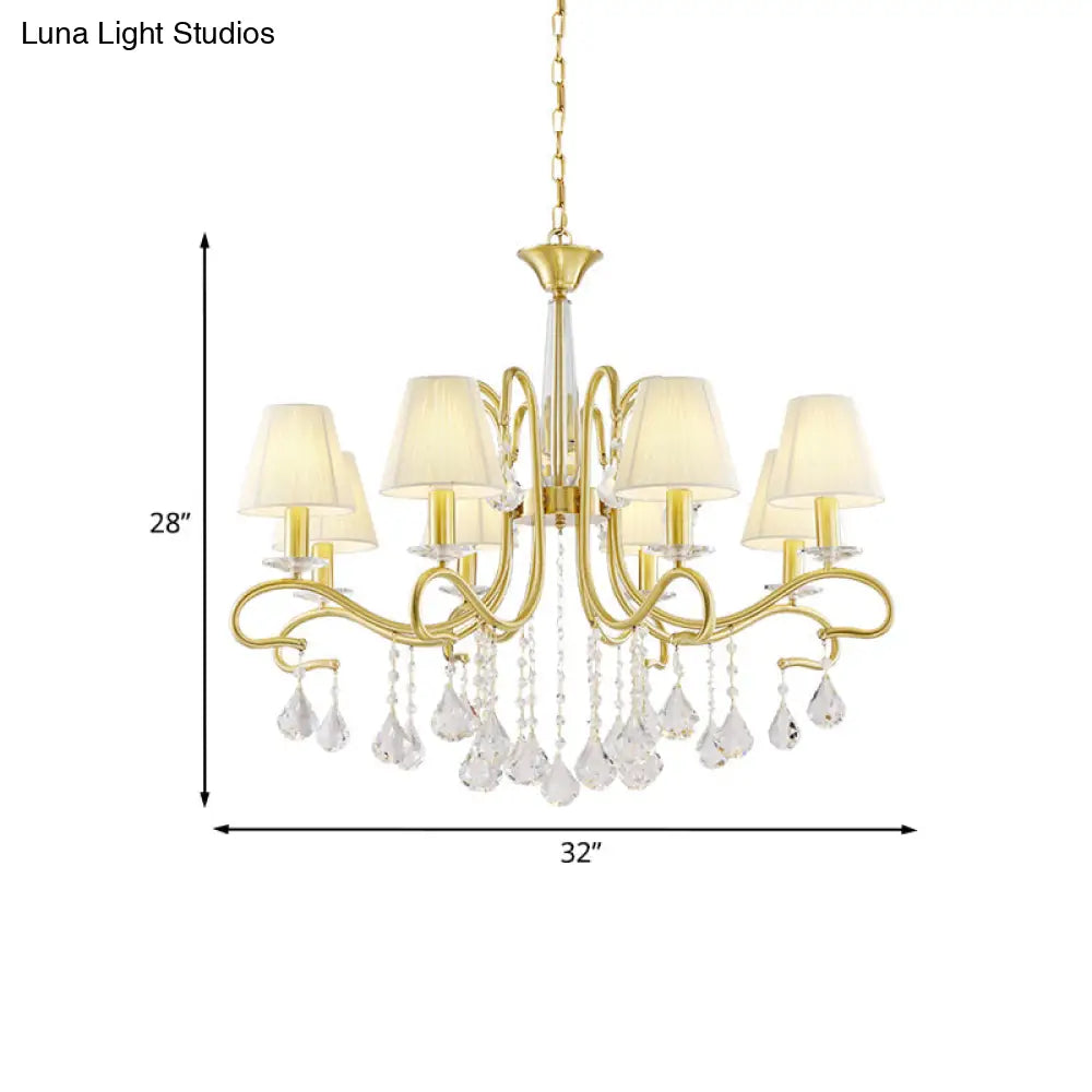 Brass Crystal Ceiling Chandelier - Country Style Swirl Arm Pendant Light With Cone Fabric Shade