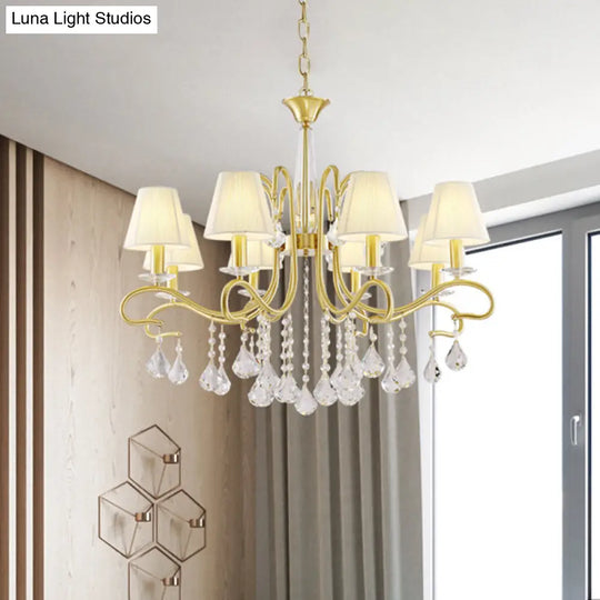 Brass Crystal Ceiling Chandelier - Country Style Swirl Arm Pendant Light With Cone Fabric Shade