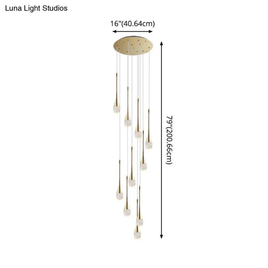 Modern Brass Crystal Hanging Led Pendant Lights - Long Cone Cascade Design For Stairwell