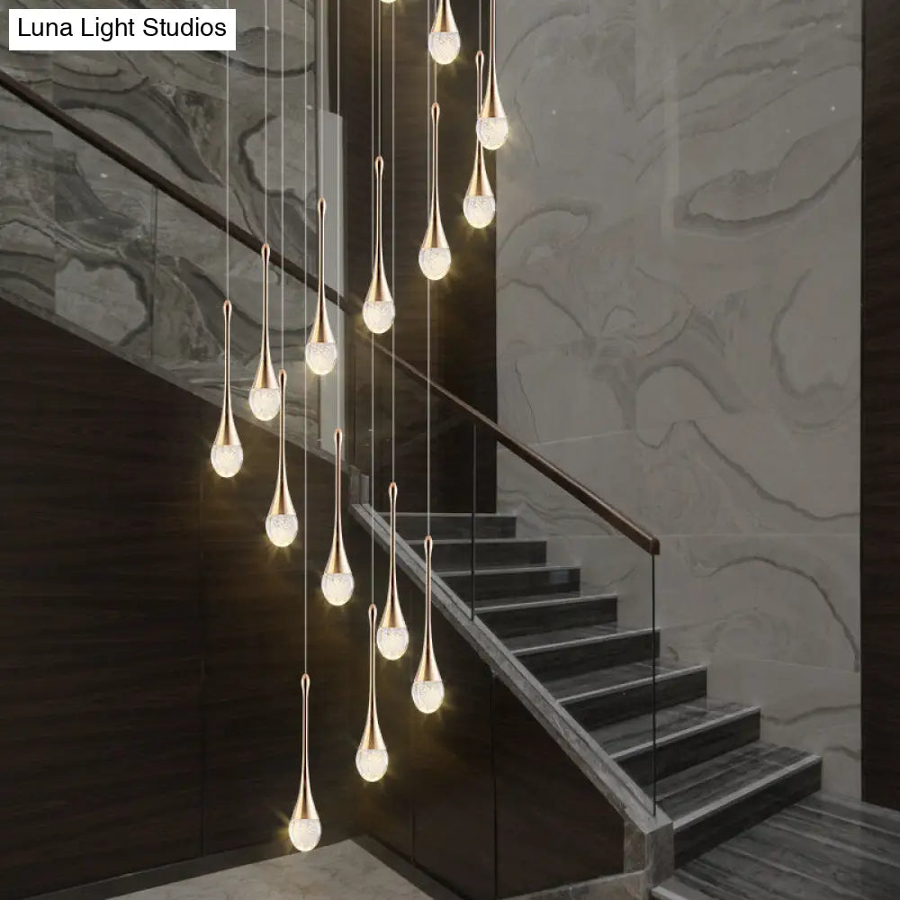 Modern Brass Crystal Hanging Led Pendant Lights - Long Cone Cascade Design For Stairwell