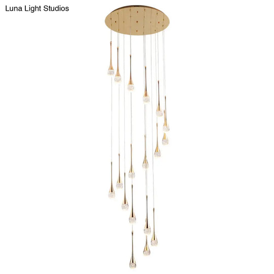 Modern Brass Crystal Hanging Led Pendant Lights - Long Cone Cascade Design For Stairwell