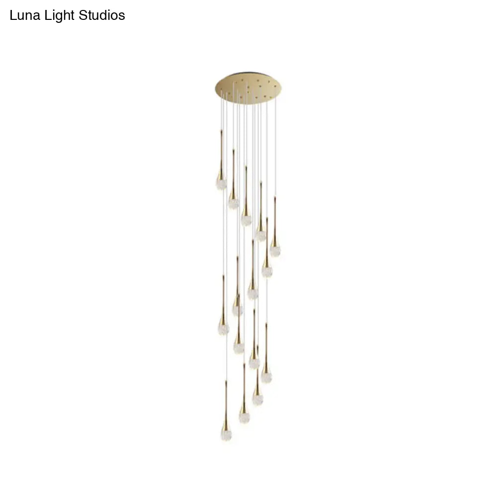 Modern Brass Crystal Hanging Led Pendant Lights - Long Cone Cascade Design For Stairwell 15 /