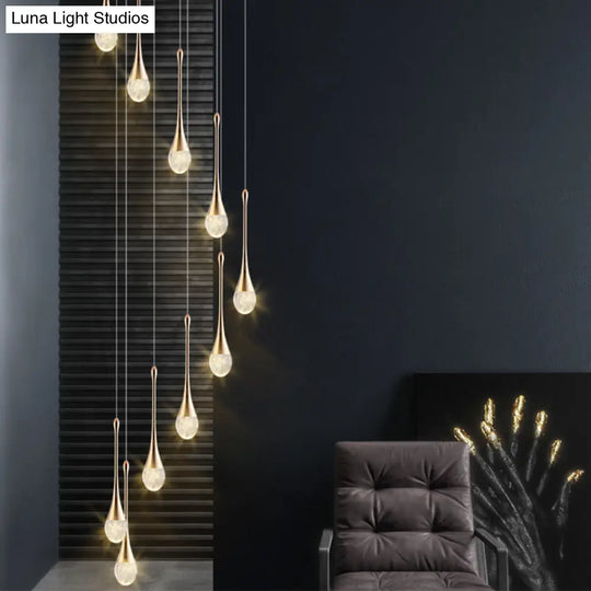 Modern Brass Crystal Hanging Led Pendant Lights - Long Cone Cascade Design For Stairwell