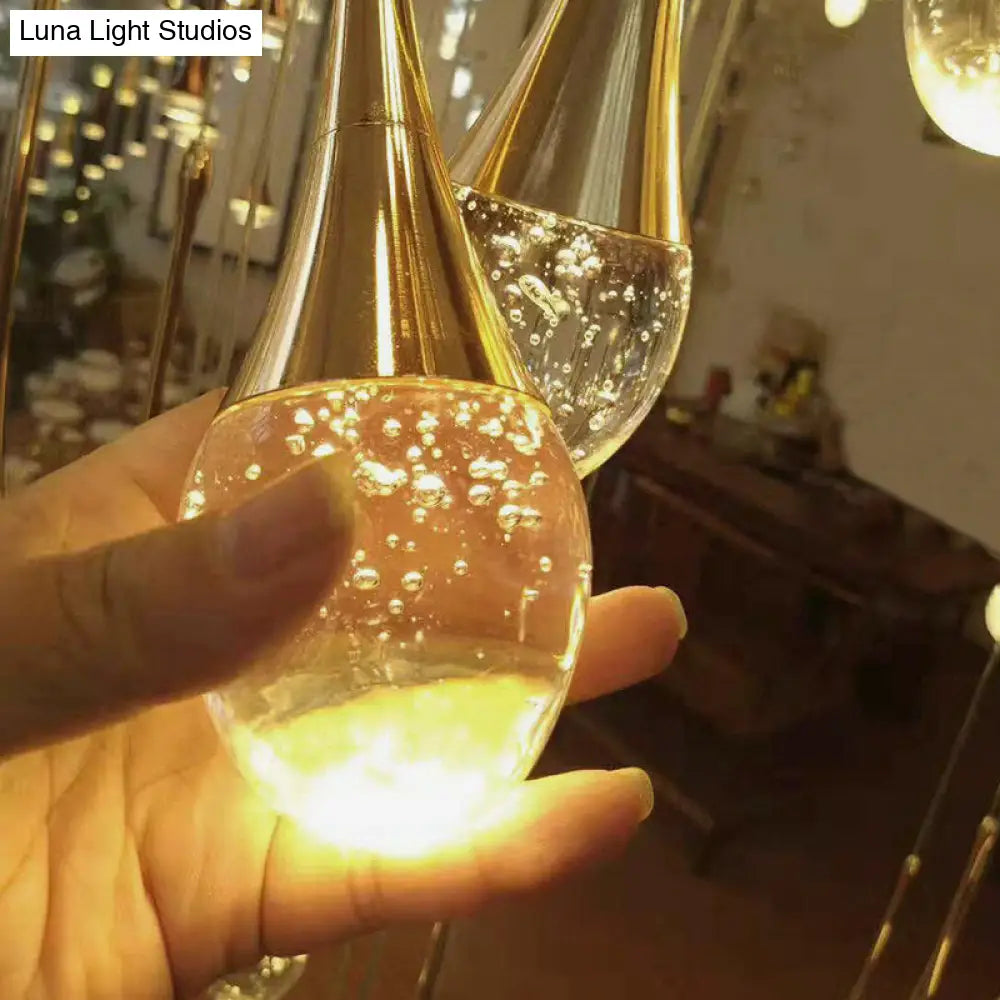 Modern Brass Crystal Hanging Led Pendant Lights - Long Cone Cascade Design For Stairwell