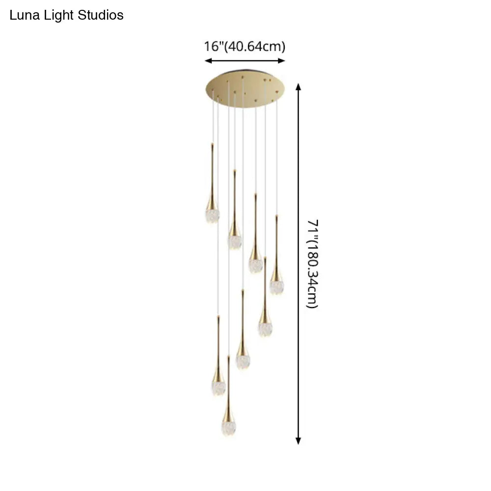 Modern Brass Crystal Hanging Led Pendant Lights - Long Cone Cascade Design For Stairwell